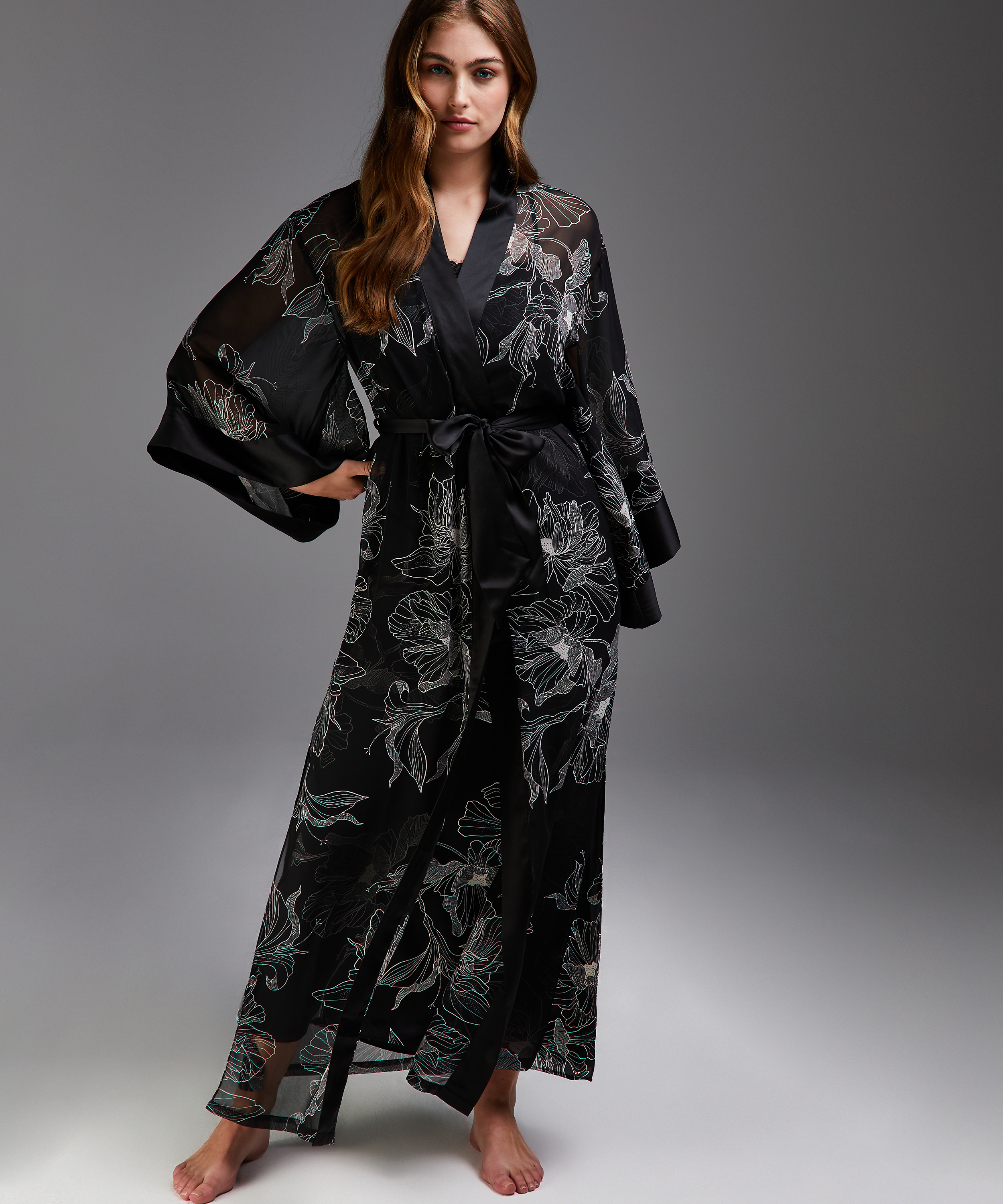 Kimono langer Chiffon-Lotus, Schwarz, main