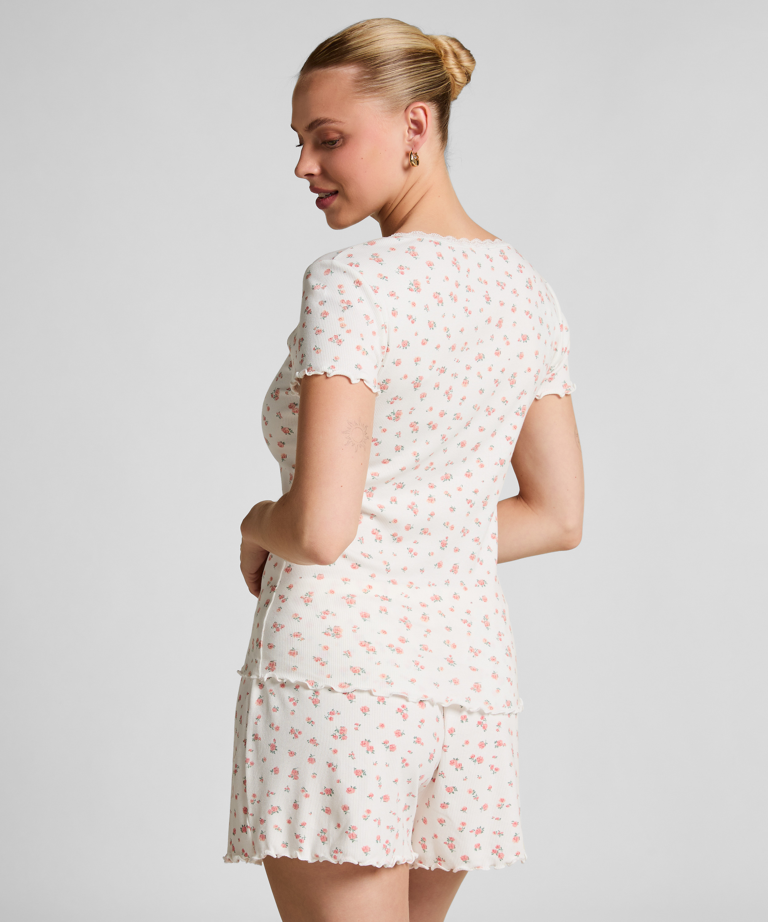 Geripptes Kurzarm-Top mit Spitze, Weiß, main