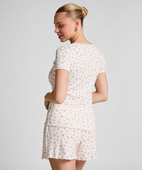 Geripptes Kurzarm-Top mit Spitze, Weiß