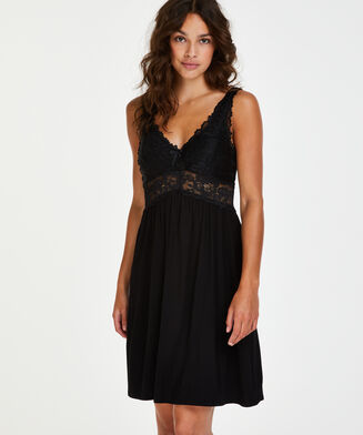 Slipdress Modal Lace mit Spitze, Schwarz