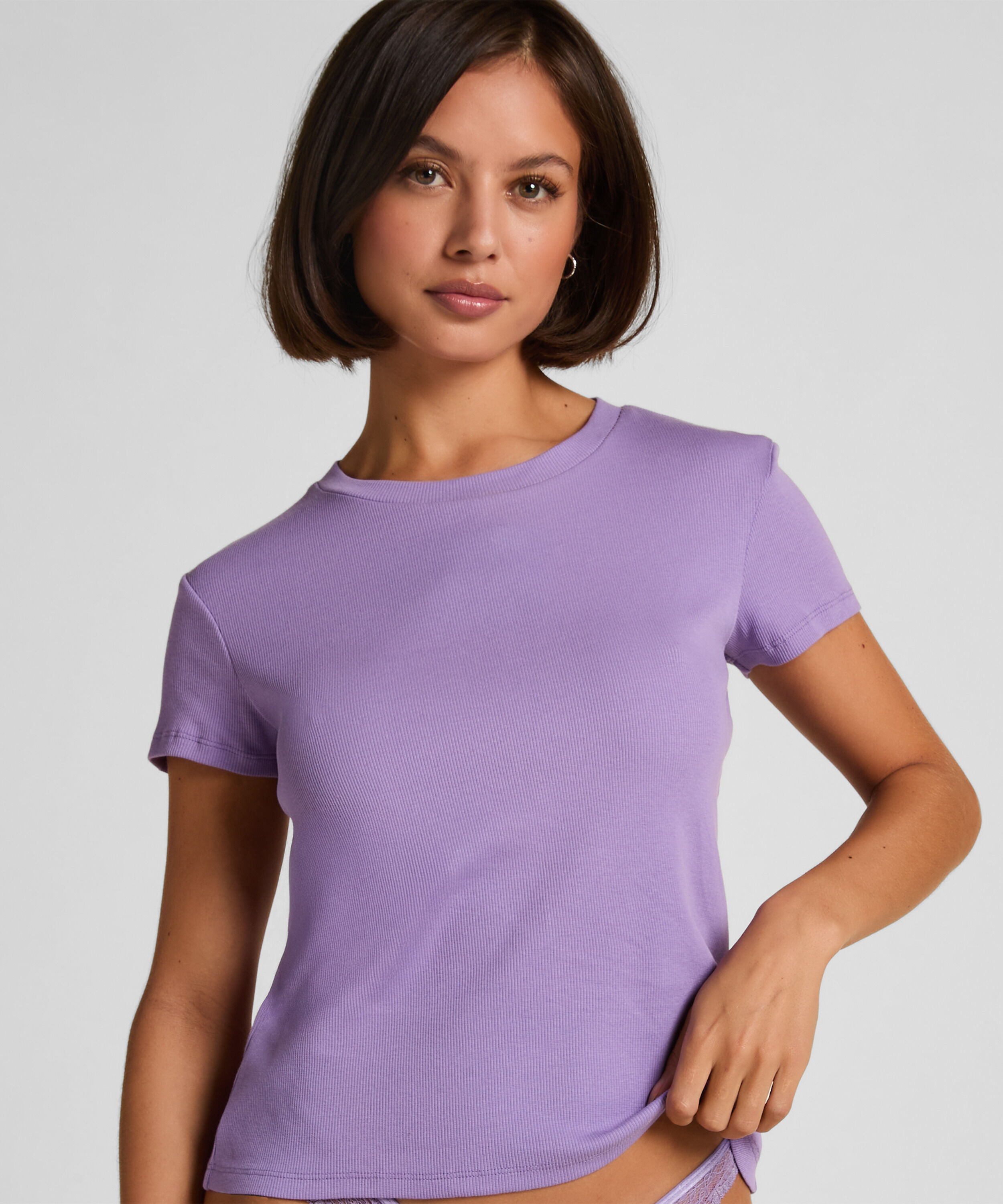 Haut de pyjama manches courtes rib crew neck, Violet