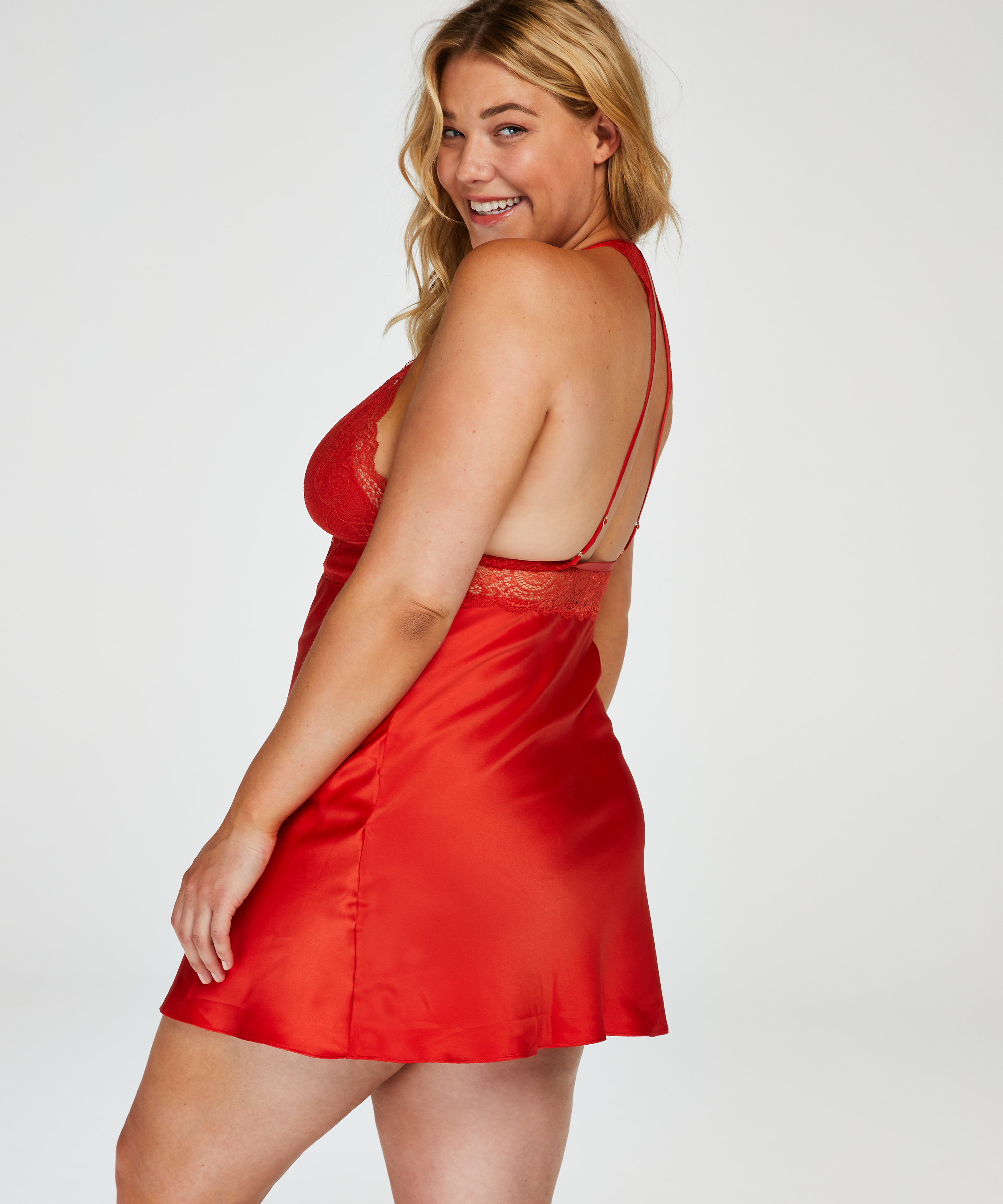 Slipdress aus Satin und Spitze, Rot, main