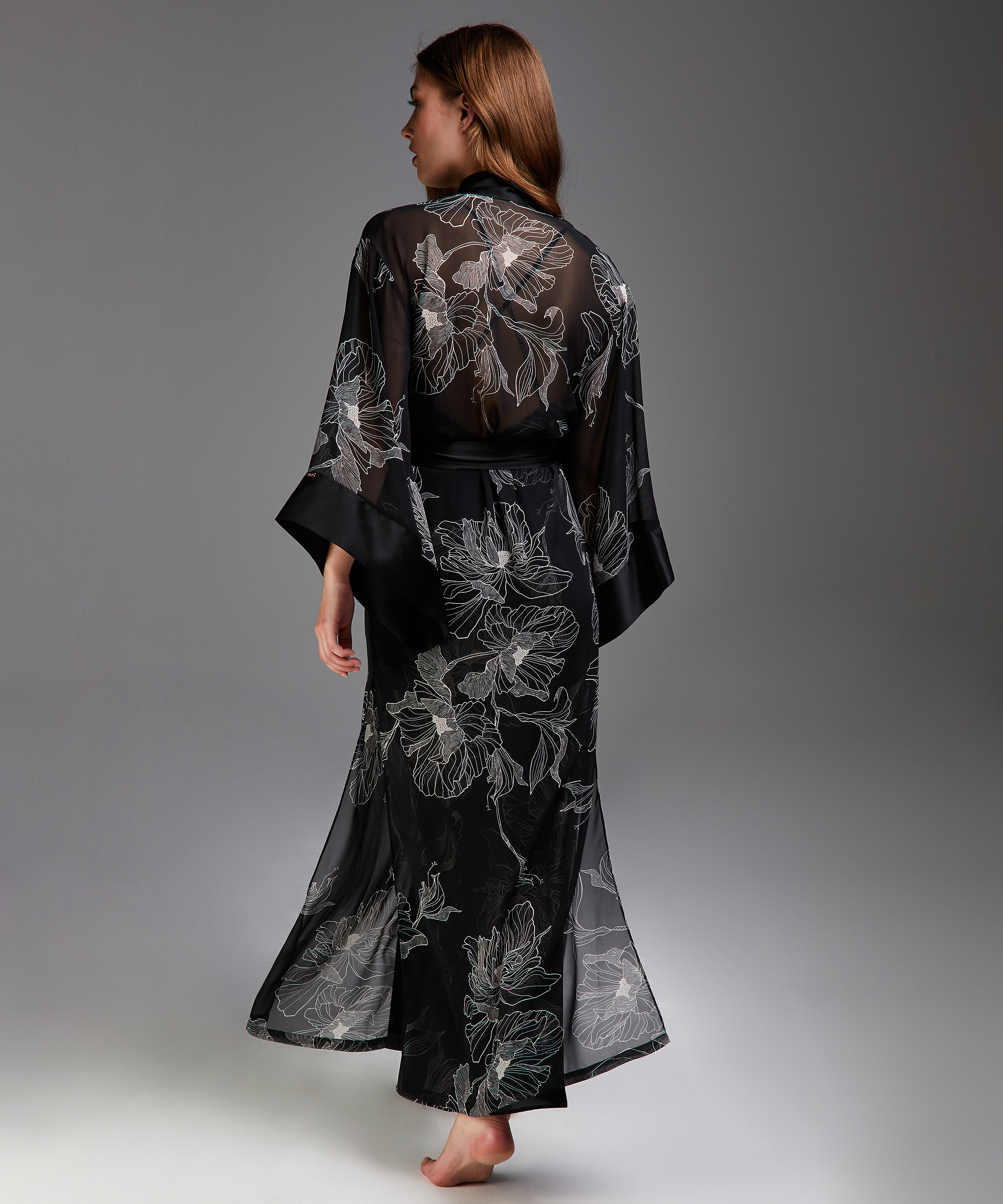 Kimono langer Chiffon-Lotus, Schwarz, main