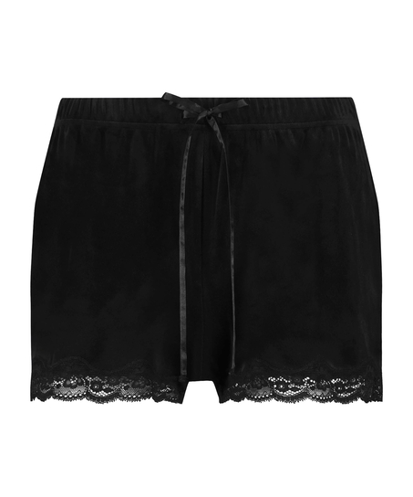 Shorts aus Velours mit Spitze, Schwarz