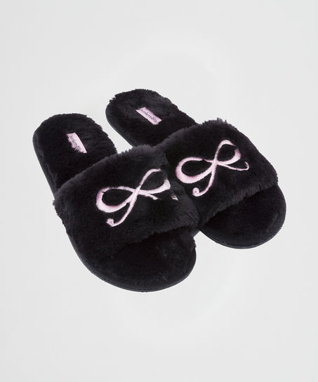 Fake Fur Slippers Bow, Schwarz