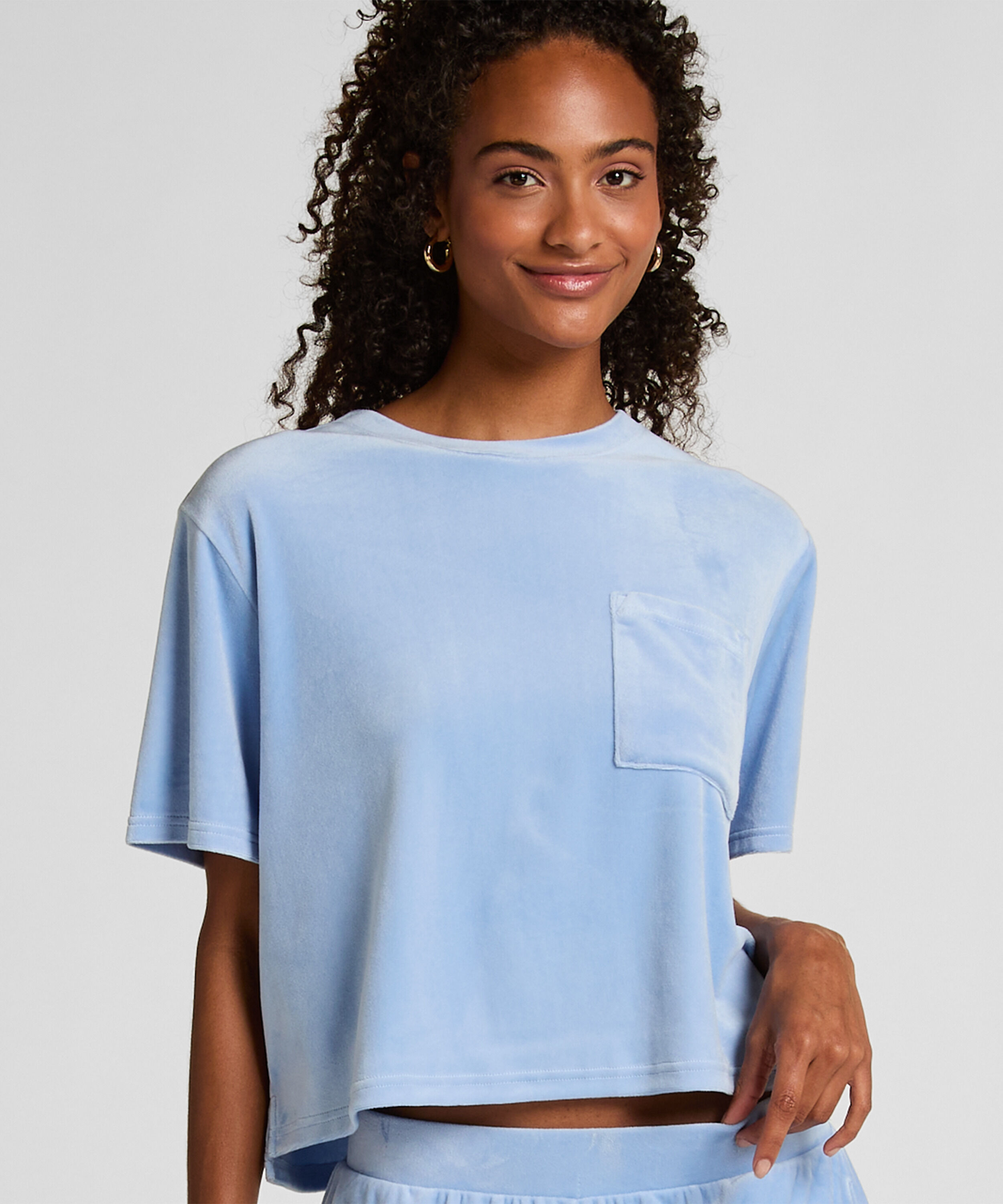 Top Velours Pocket, Blau