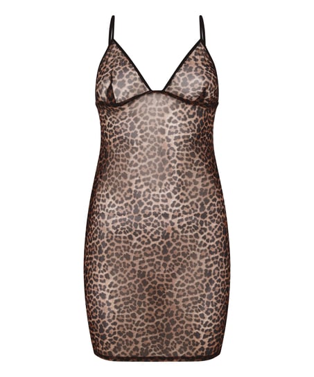 Leopard Mesh-Slipdress, Schwarz