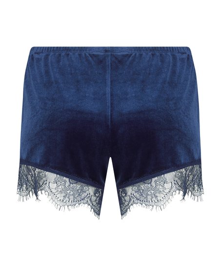 Gl&auml;nzende Velours-Spitzen-Shorts, Blau