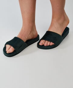 Hausschuhe Velours Fake Fur, gr&uuml;n