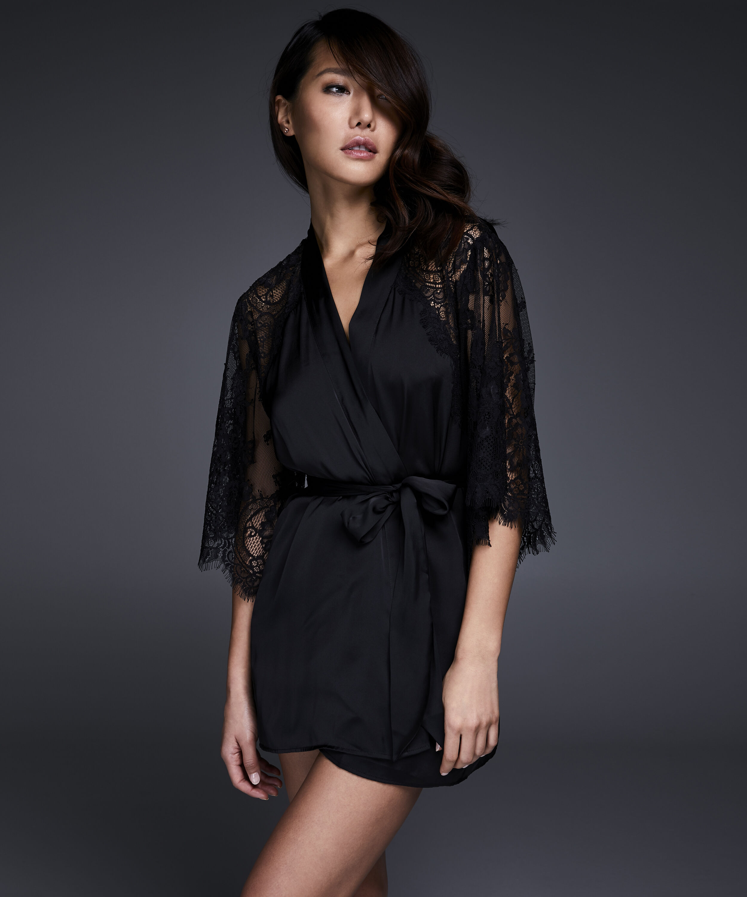 Kimono Flared Satin Lace, Noir