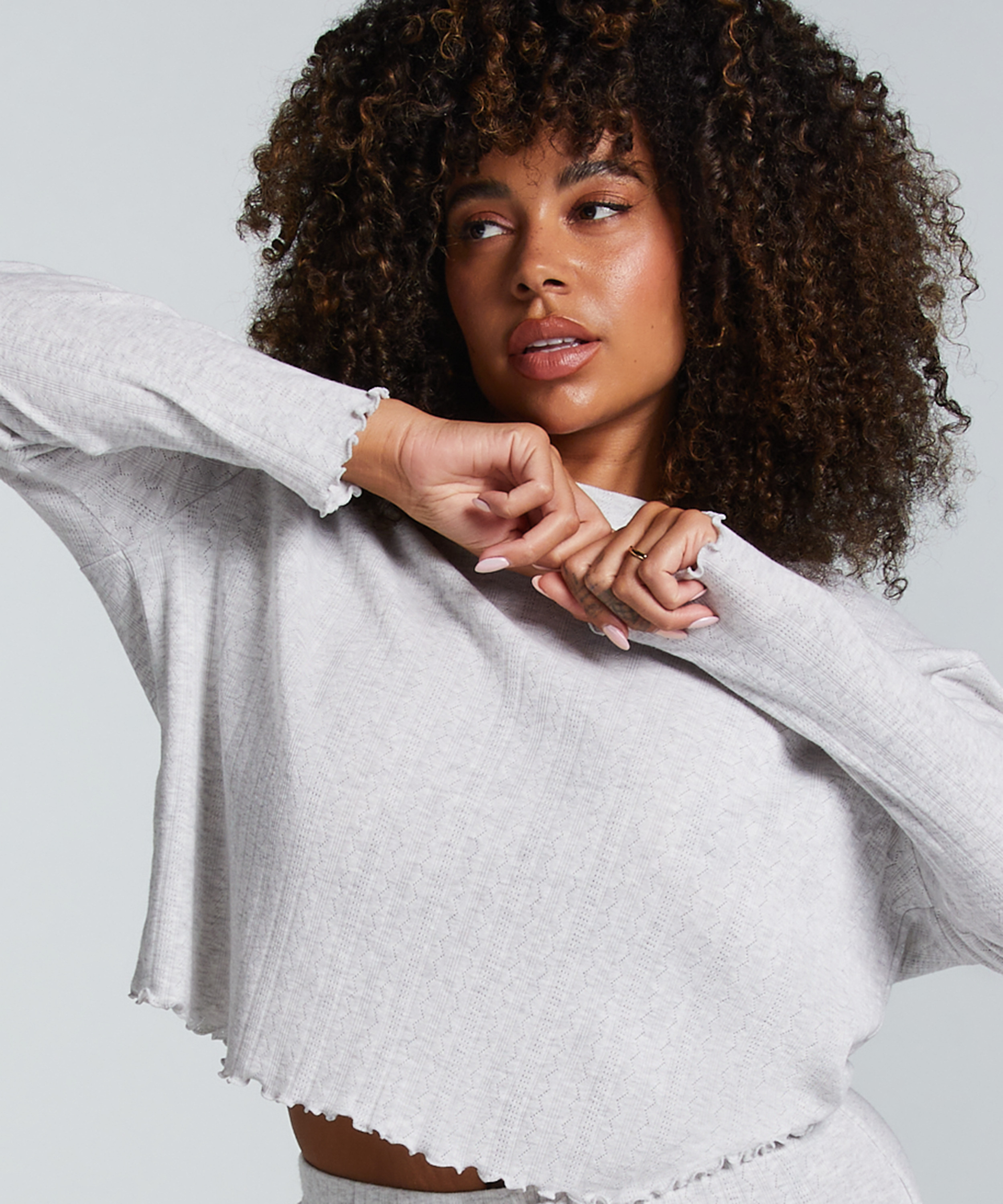 Haut de pyjama à manches longues Pointelle, Beige, main