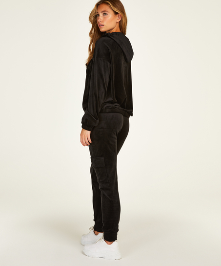 Hoodie Jacke Velours, Schwarz