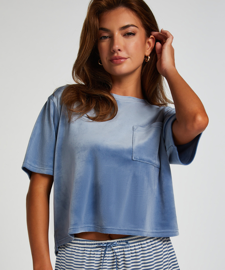 Top Velours Pocket, Blau