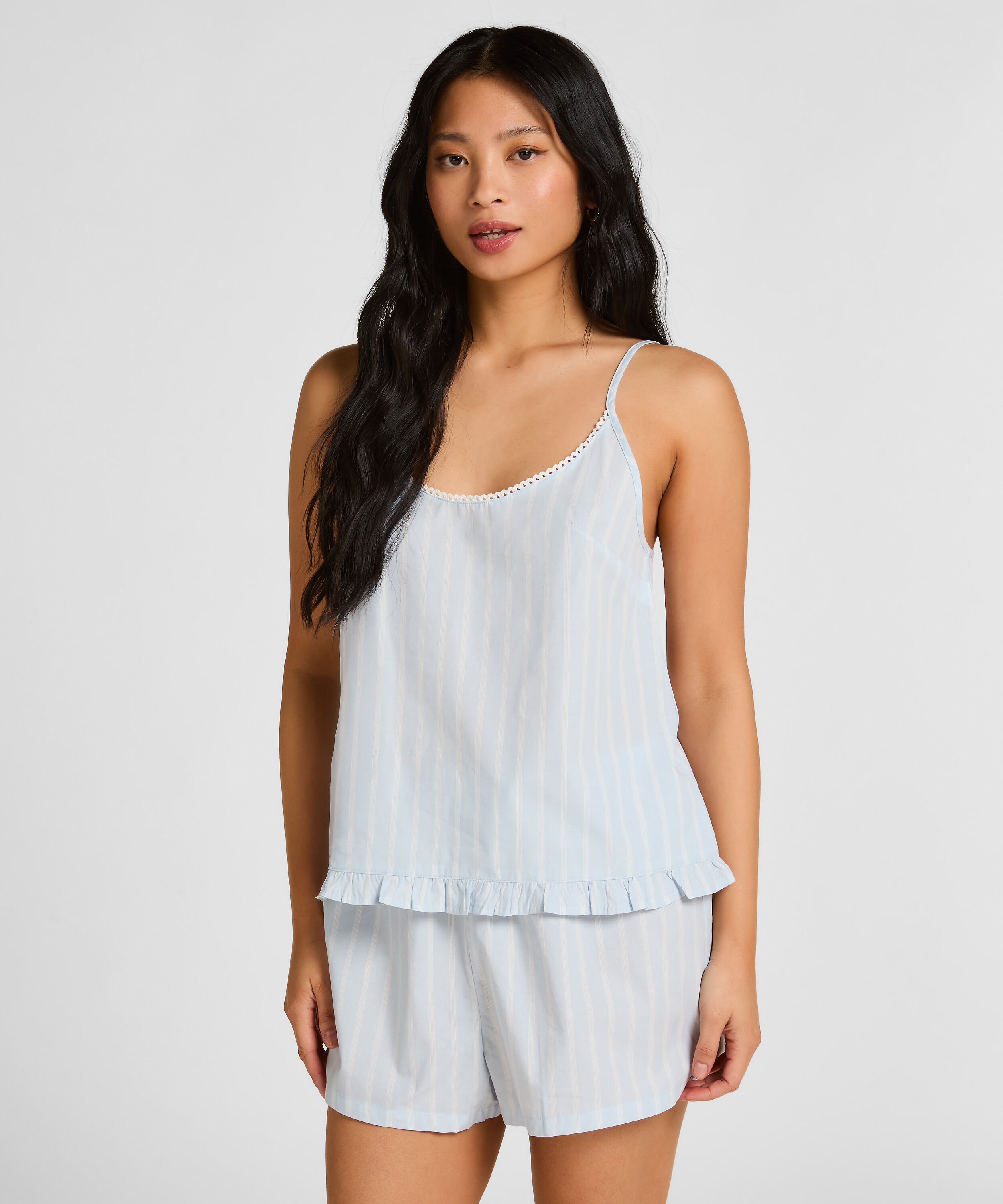 Gestreiftes Baumwoll-Pyjama-Shirt mit Kurzen Ärmeln, Blau