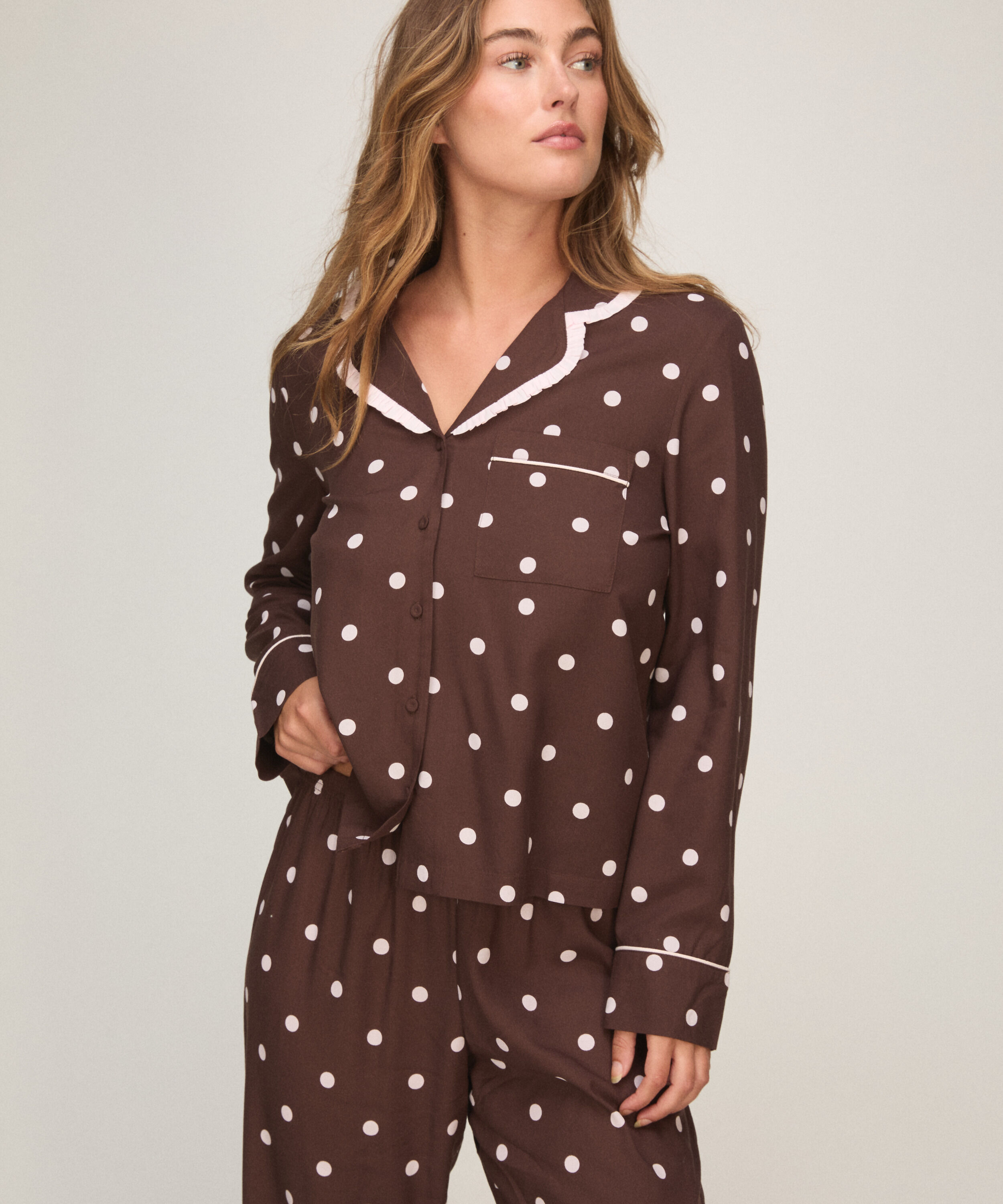 Pyjama Set Poplin Ruffle, Marron