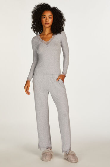 Image of Hunkemöller Langärmeliges Pyjama-Set mit Spitze Grau
