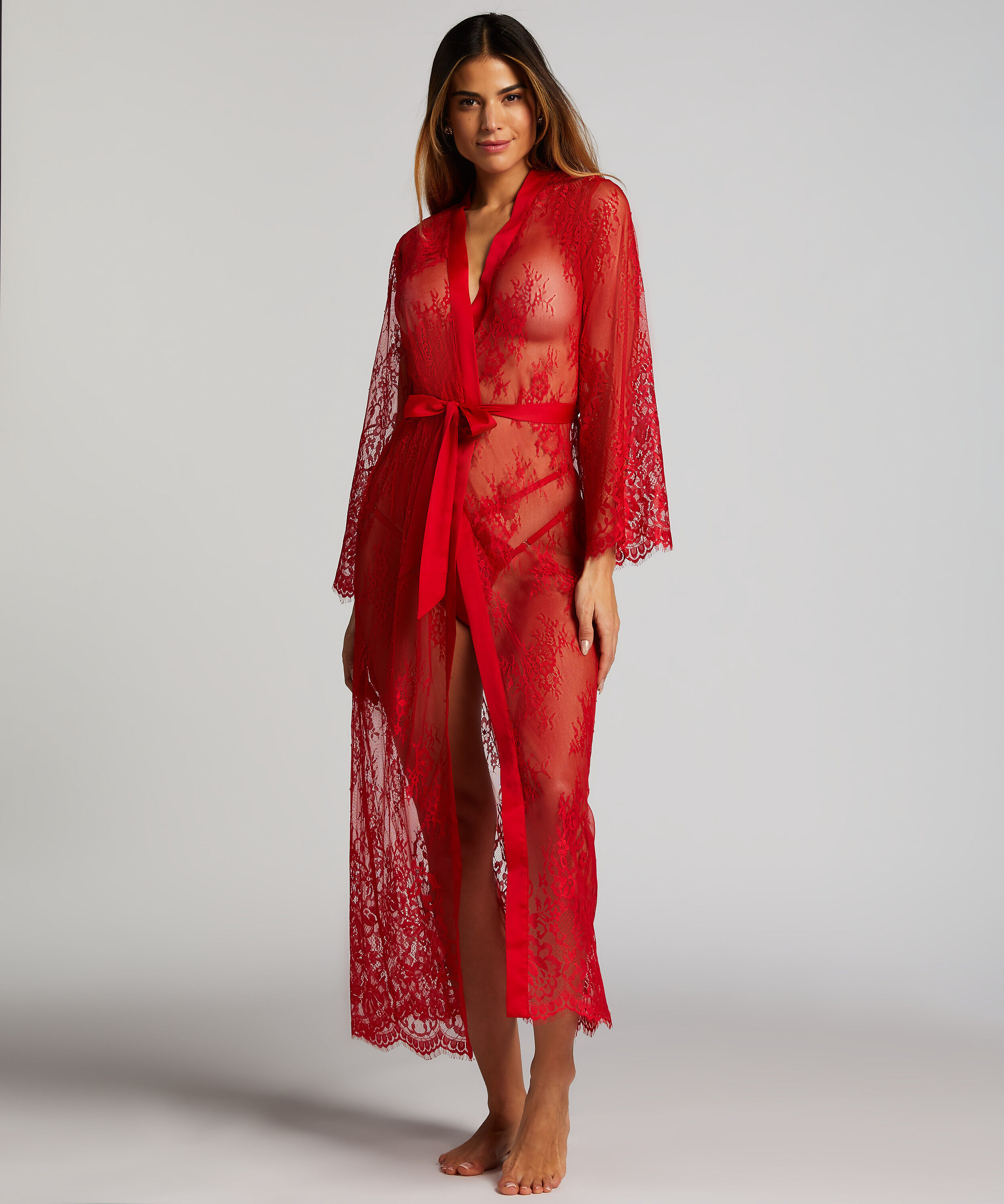 Long Kimono Allover Lace, Rouge