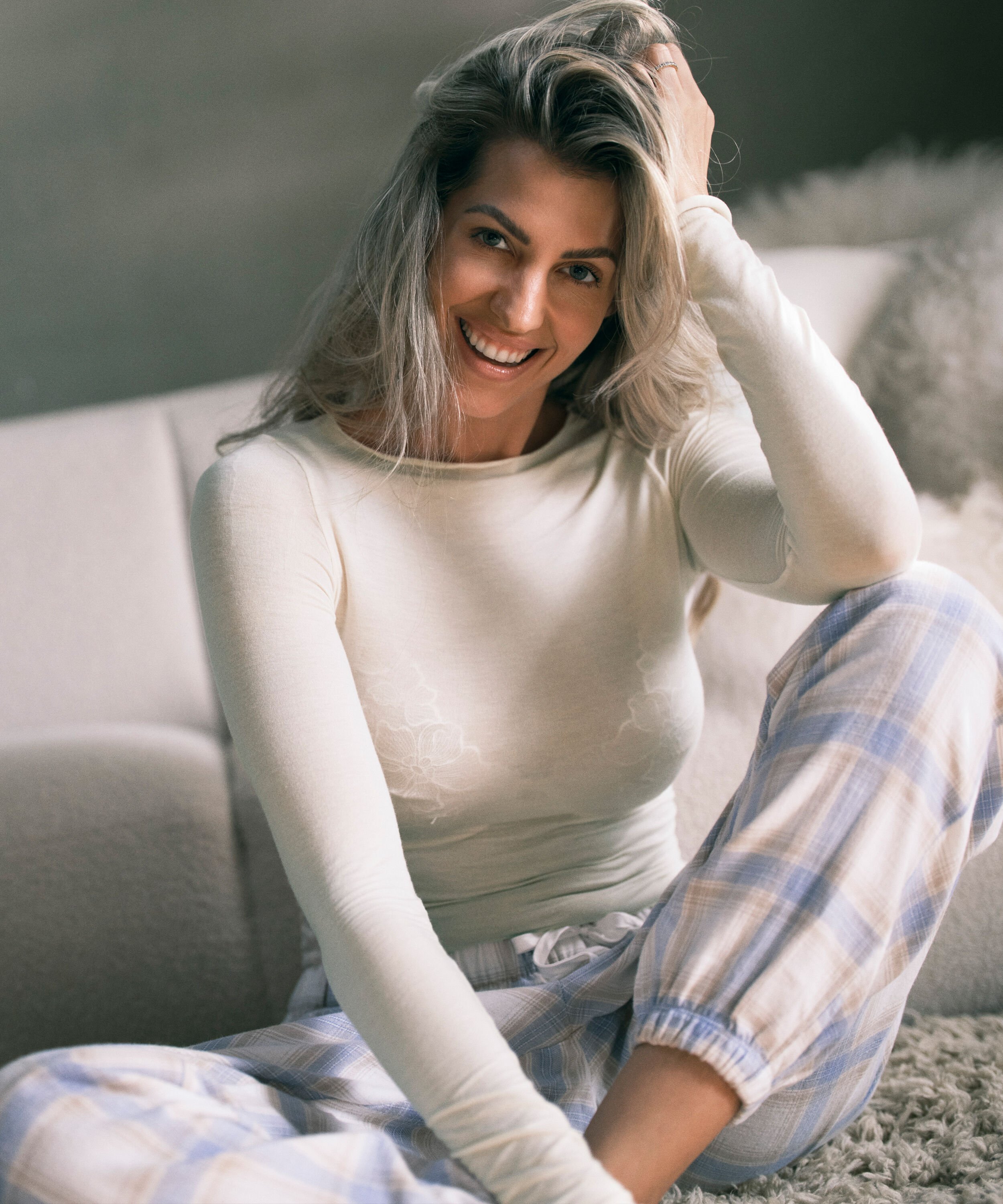 Petite Pyjamahose Twill Check, Blau