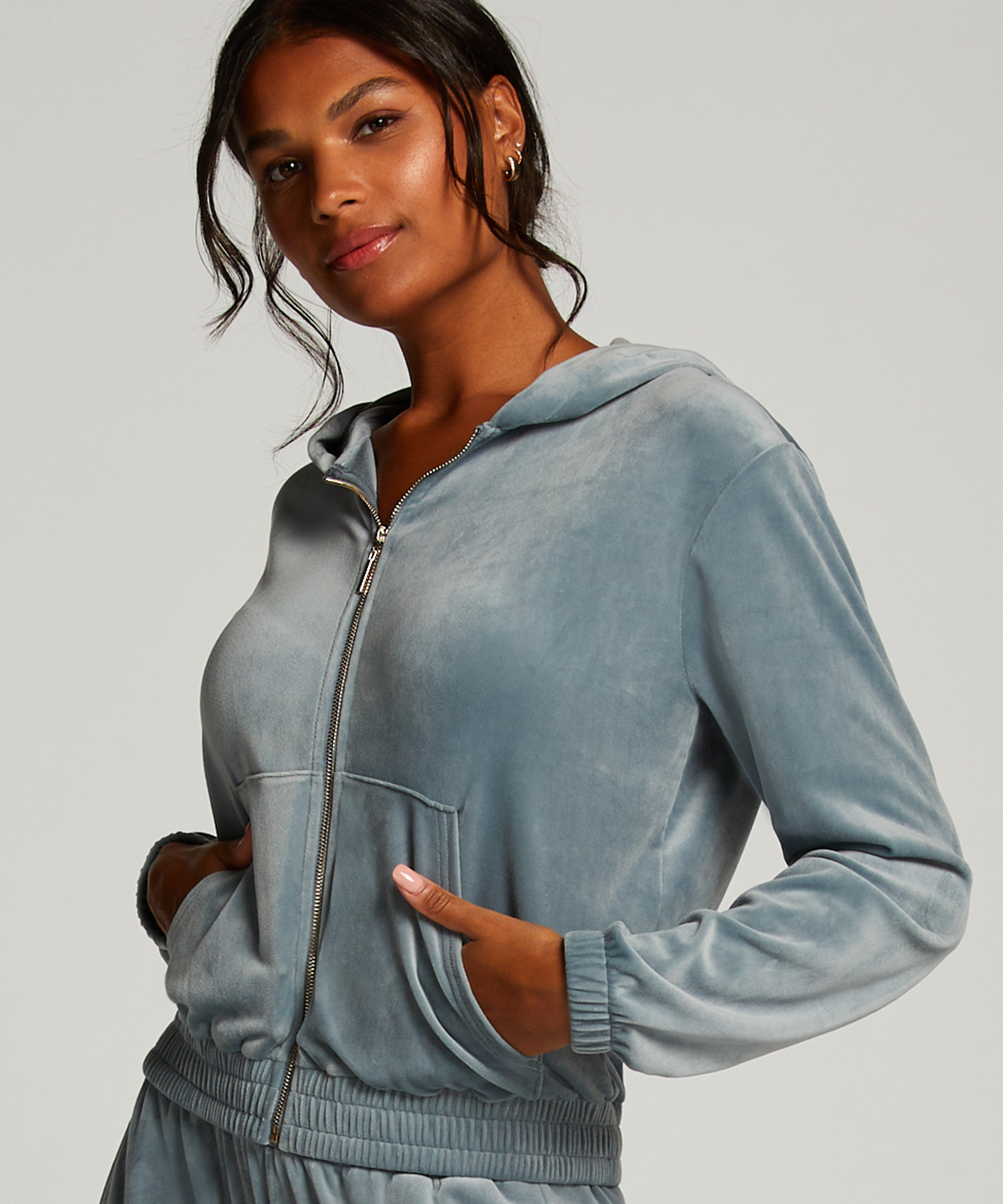 Hoodie Jacke Velours, Blau, main