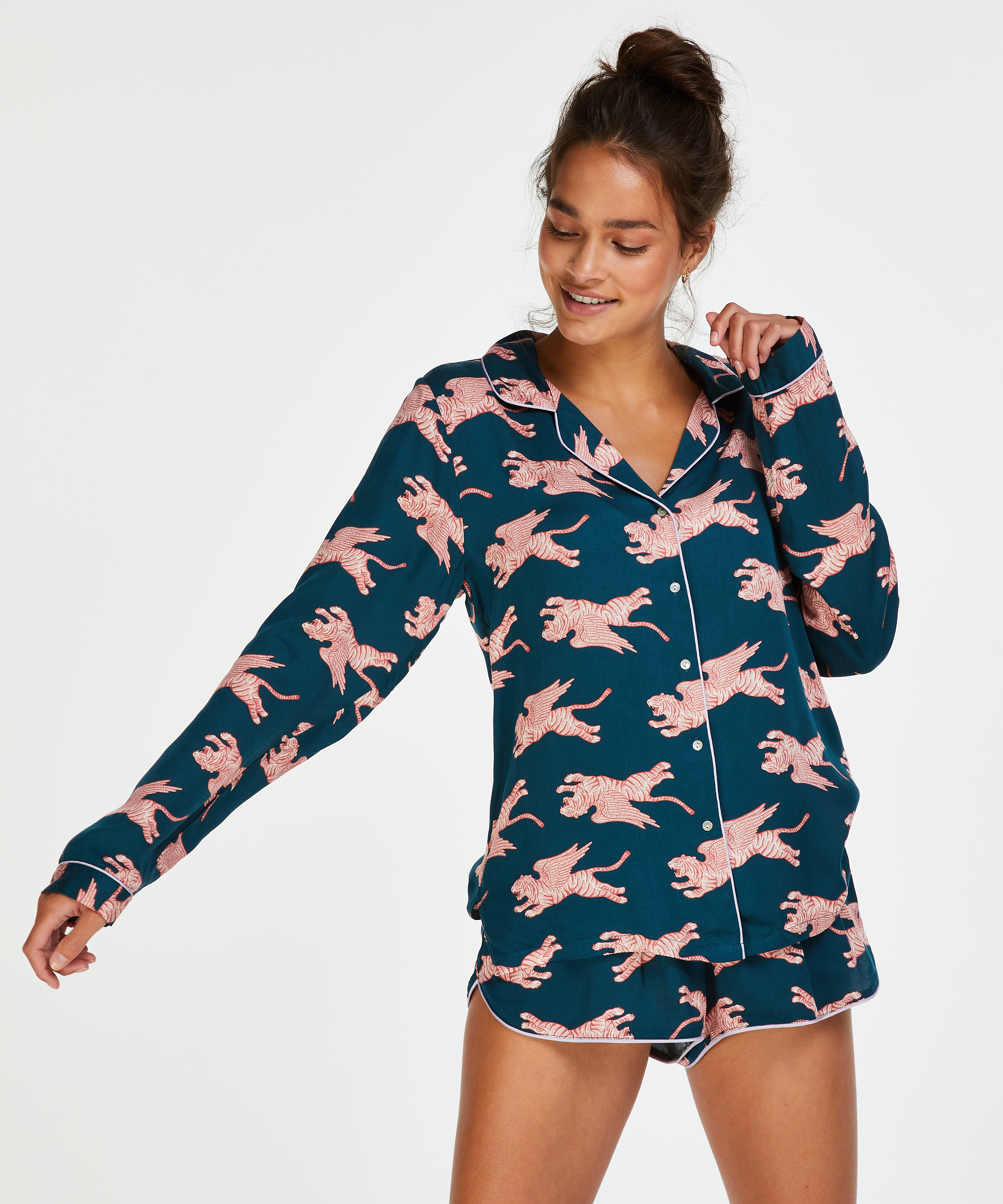 Veste de pyjama manches longues Woven, Bleu, main