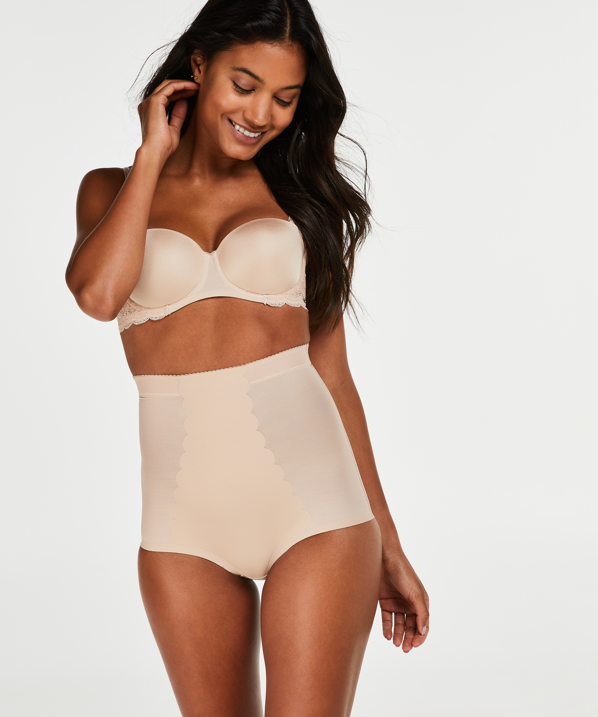 Bas taille haute avec gaine sculptante en dentelle festonnée - Level 3, Beige, main
