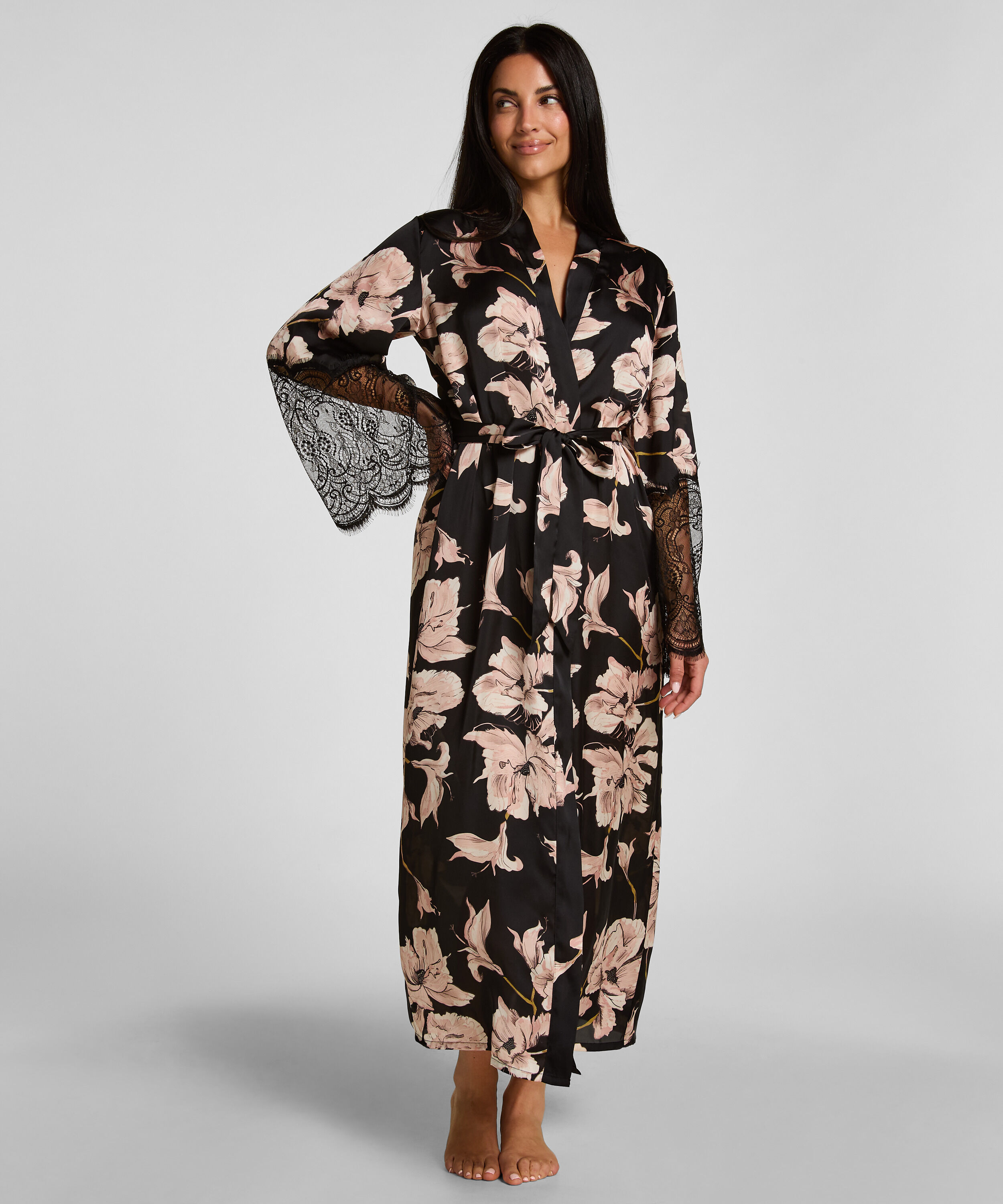 Kimono lang Satin Spitze, Schwarz