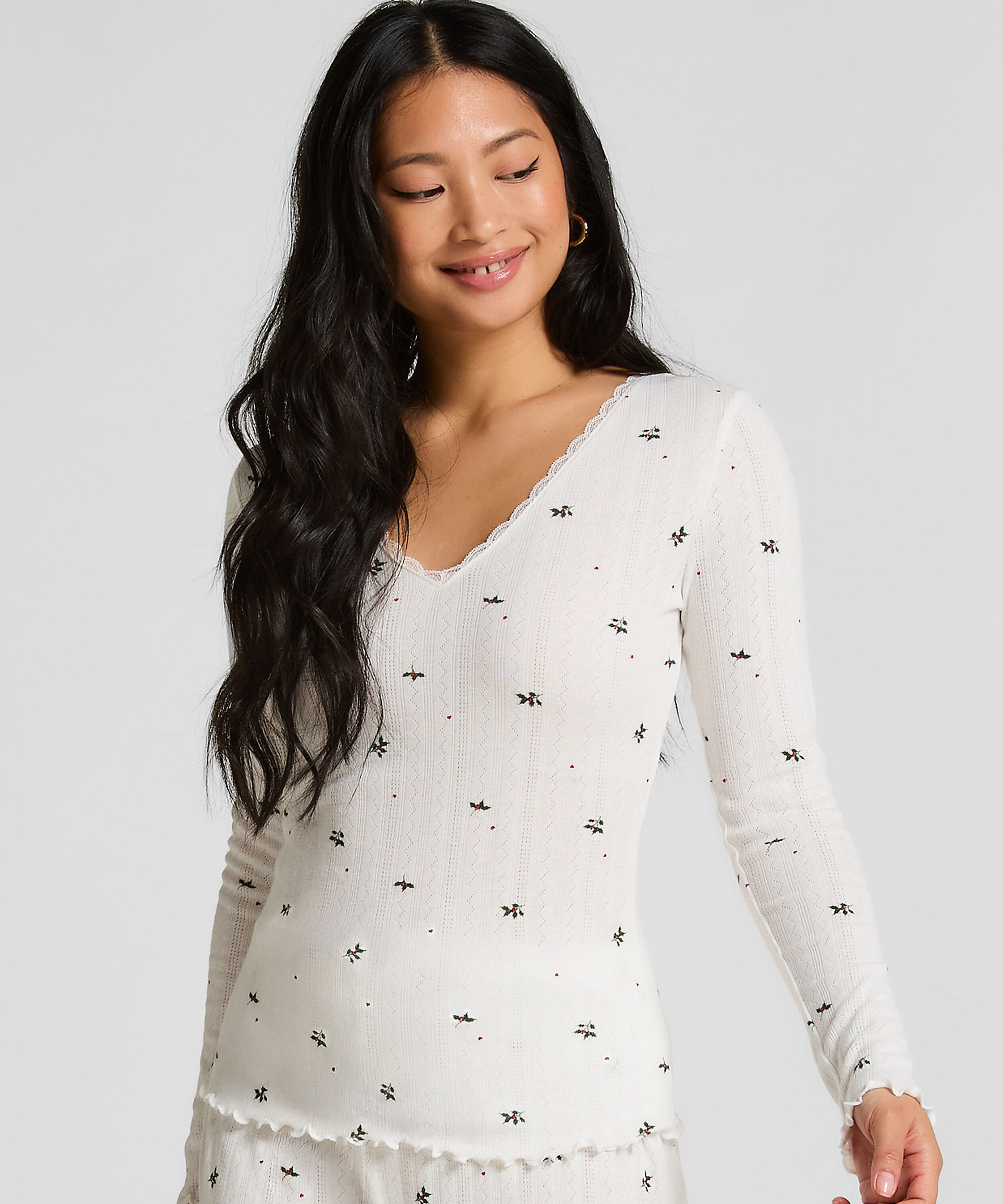 Langärmeliges Pyjamatop Pointelle, Weiß Langärmeliges Pyjamatop Pointelle, Weiß