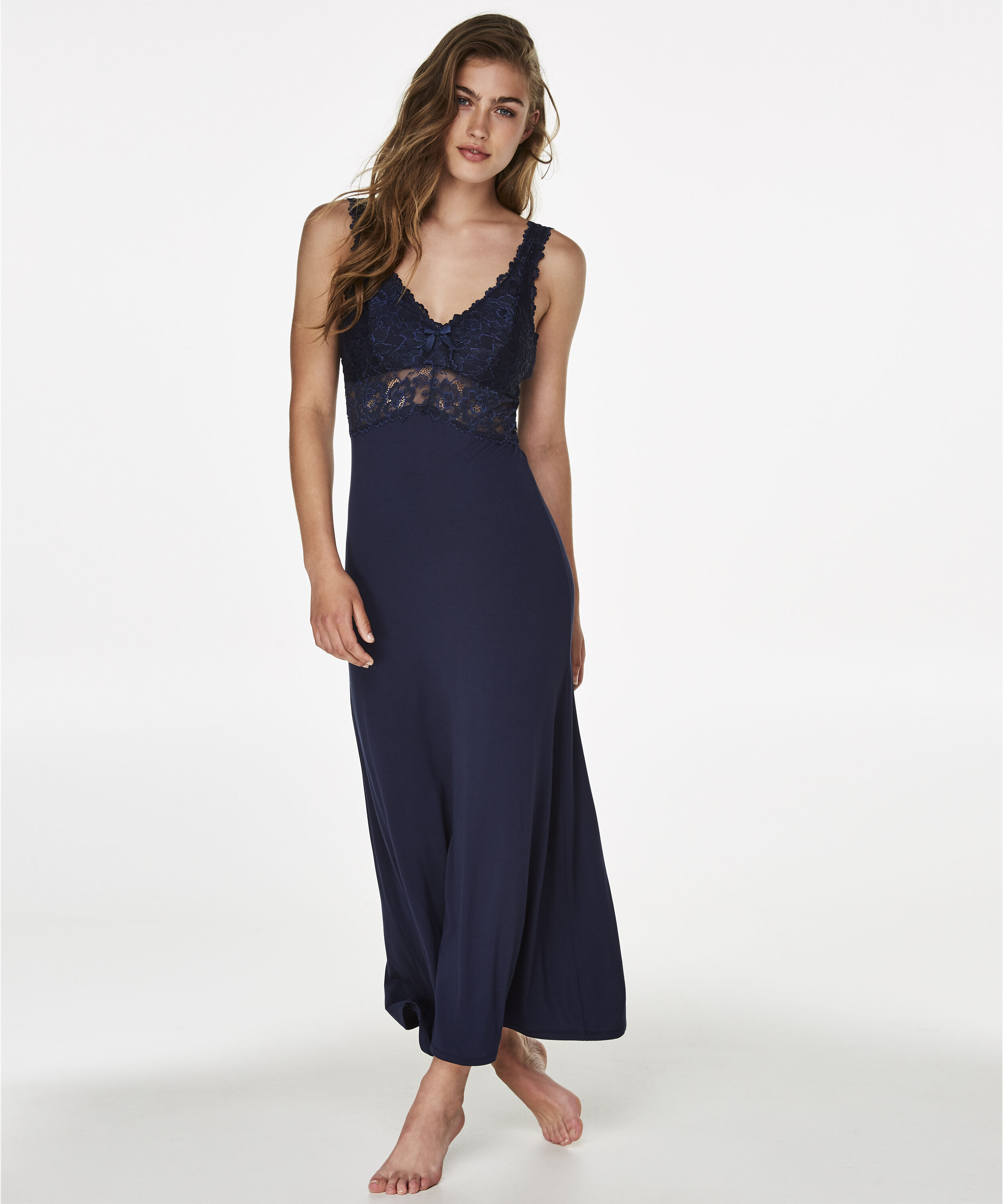Longue nuisette Modal Lace, Bleu