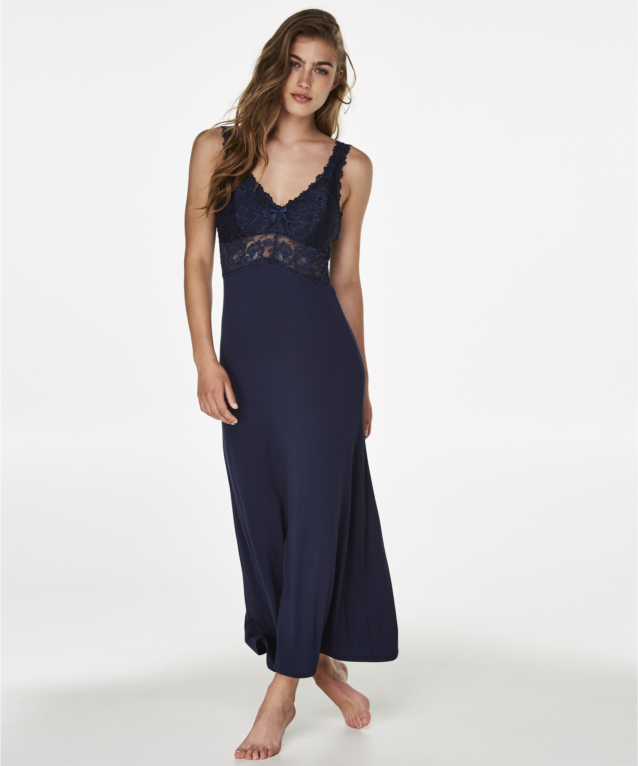 Langes Slipdress, Modal Lace, Blau, main