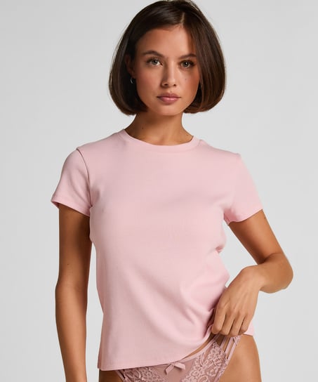Haut de pyjama manches courtes rib crew neck, Rose