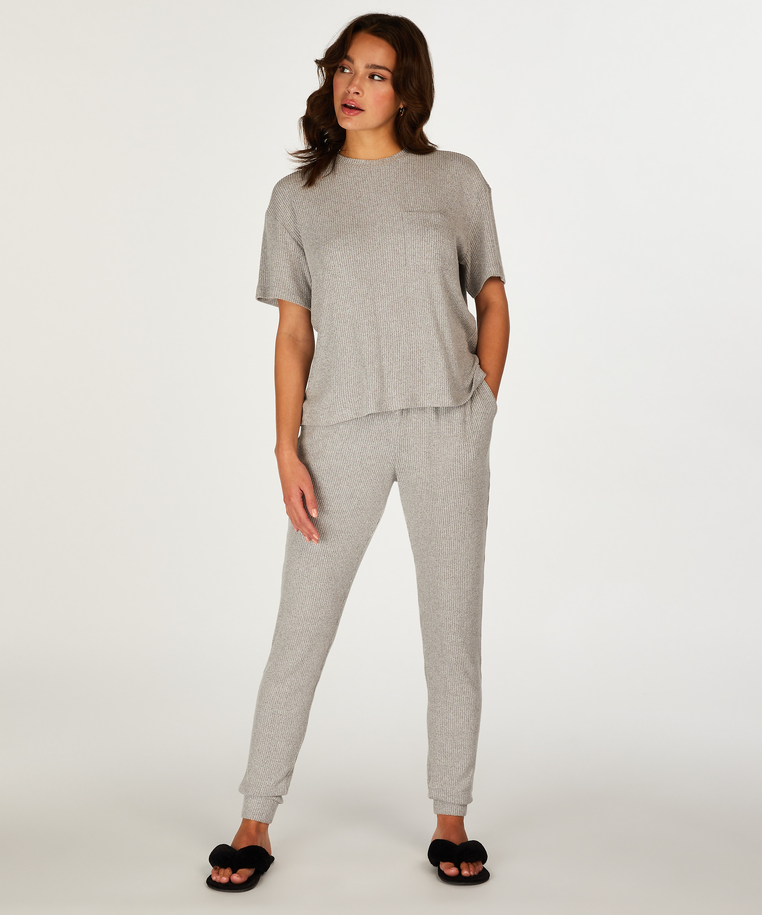 Geripptes Kurzarm-Top, Grau, main