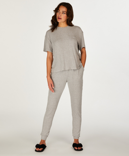 Geripptes Kurzarm-Top, Grau