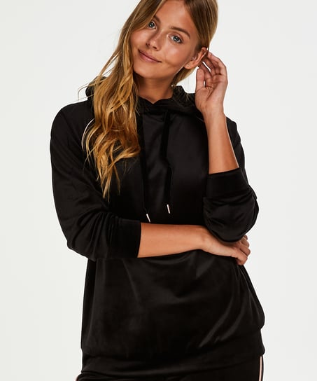 Langarm-Pyjamatop Velours, Schwarz