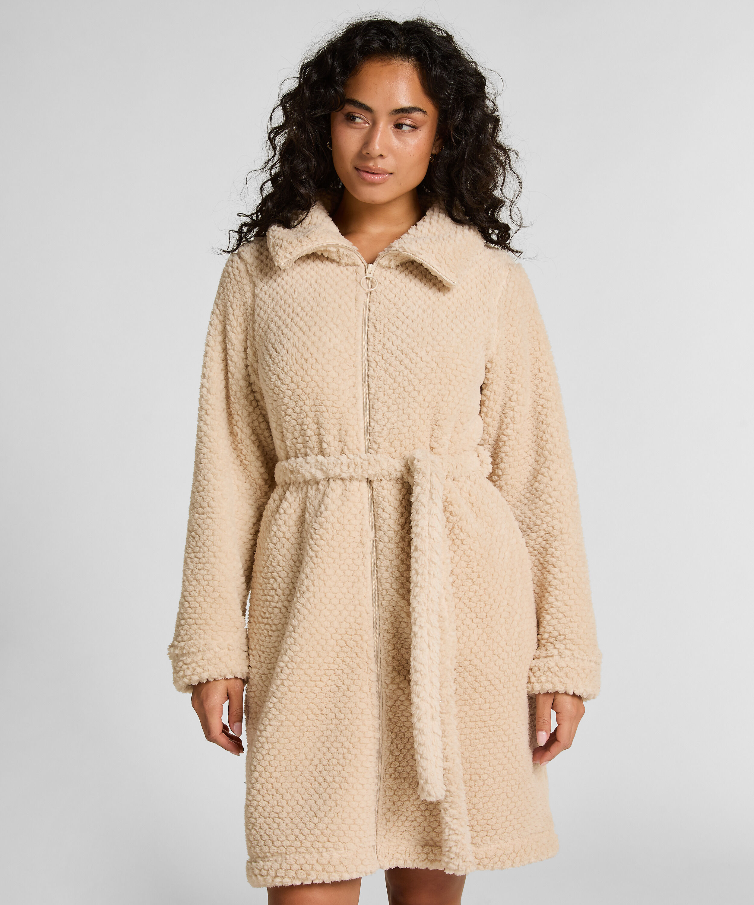 Bademantel Fleece mit Rei&szlig;verschluss, Wei&szlig;