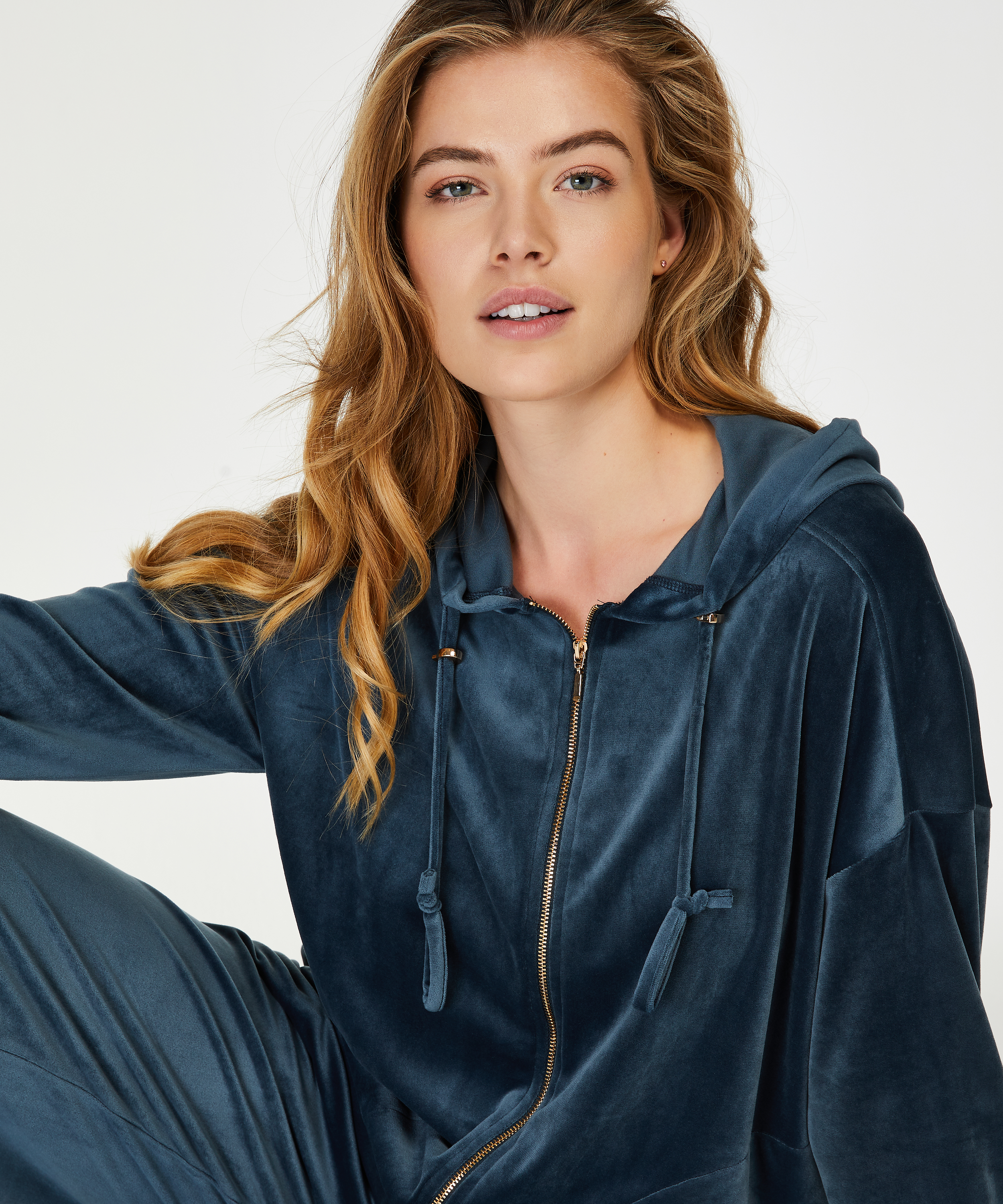 Hoodie-Jacke aus Samt, Blau, main