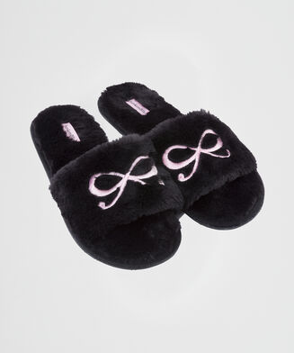 Fake Fur Slippers Bow, Schwarz