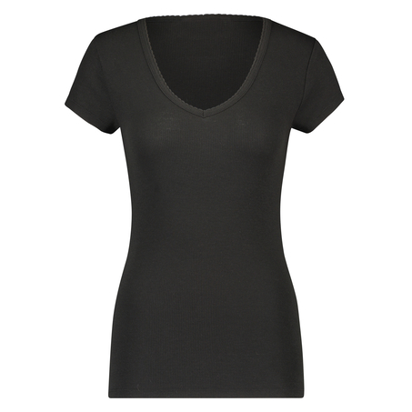 Haut de pyjama côtelé à manches courtes, Noir