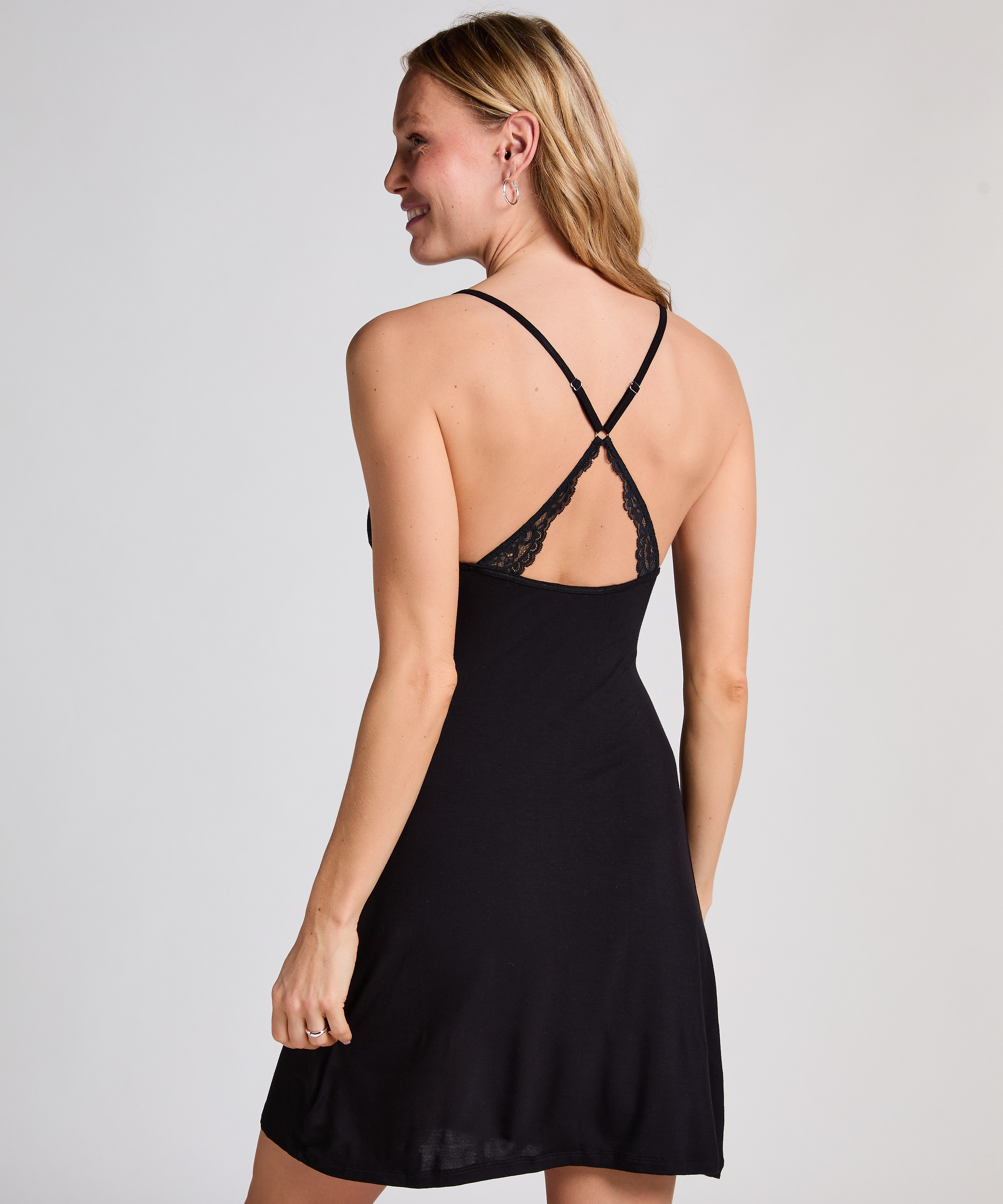Jersey-Slipdress mit Spitze am Rücken, Schwarz, main