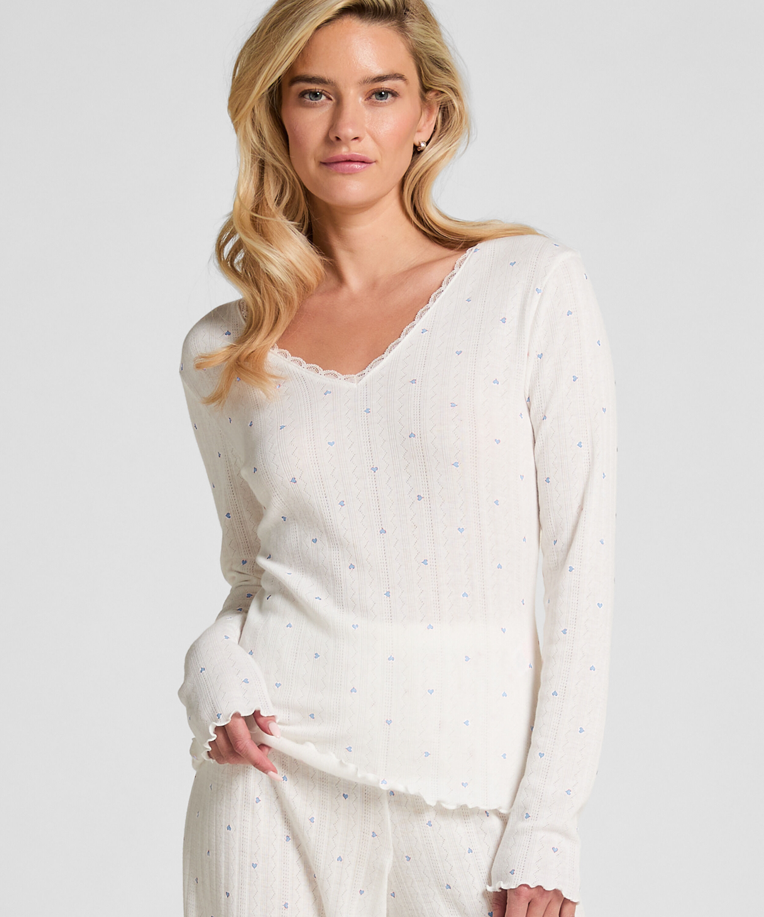 Langärmeliges Pyjamatop Pointelle, Blau