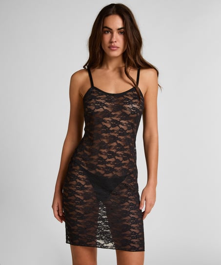 Slipdress aus Allover-Spitze, Schwarz