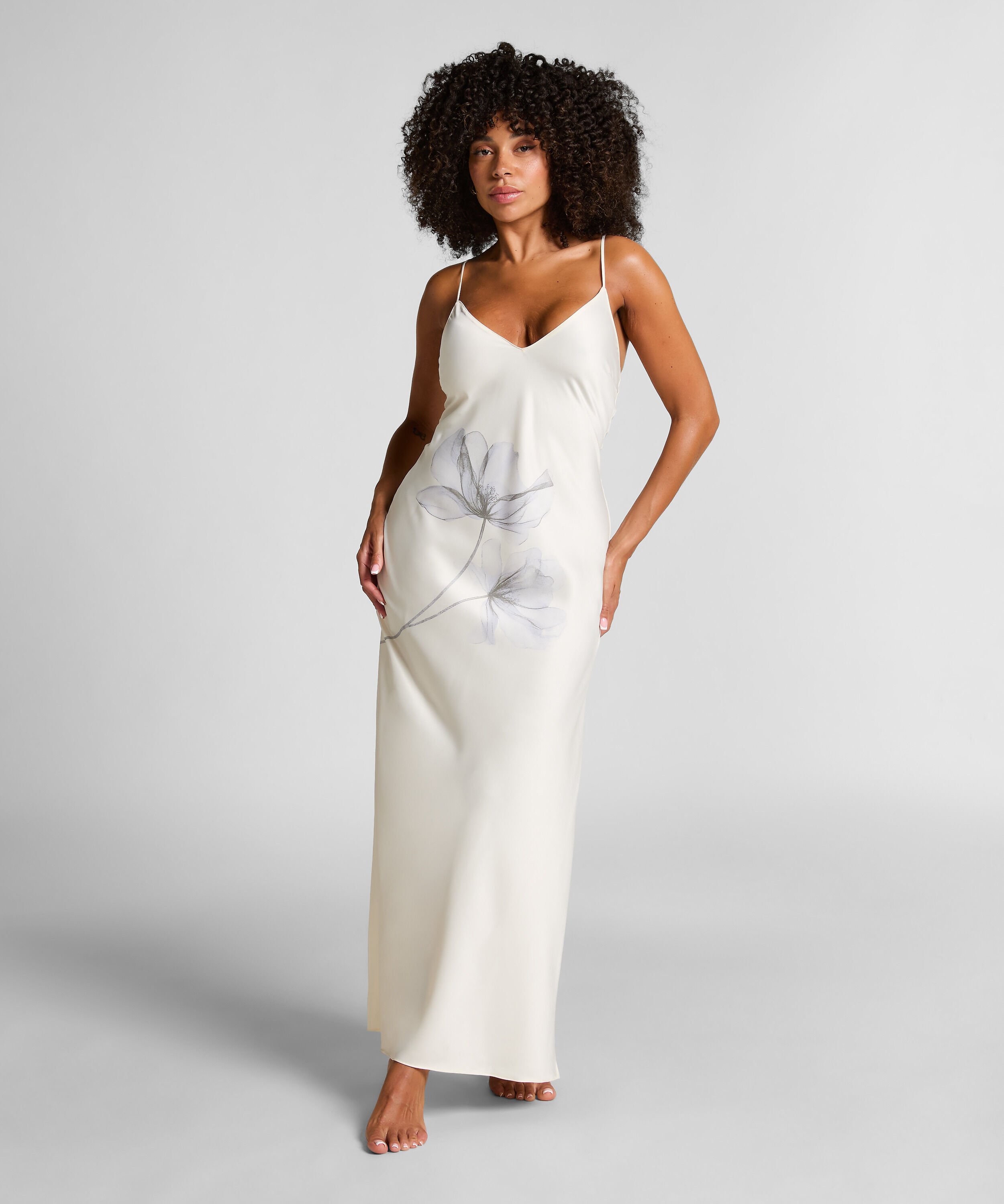 Slip dress longue en satin floral, Blanc