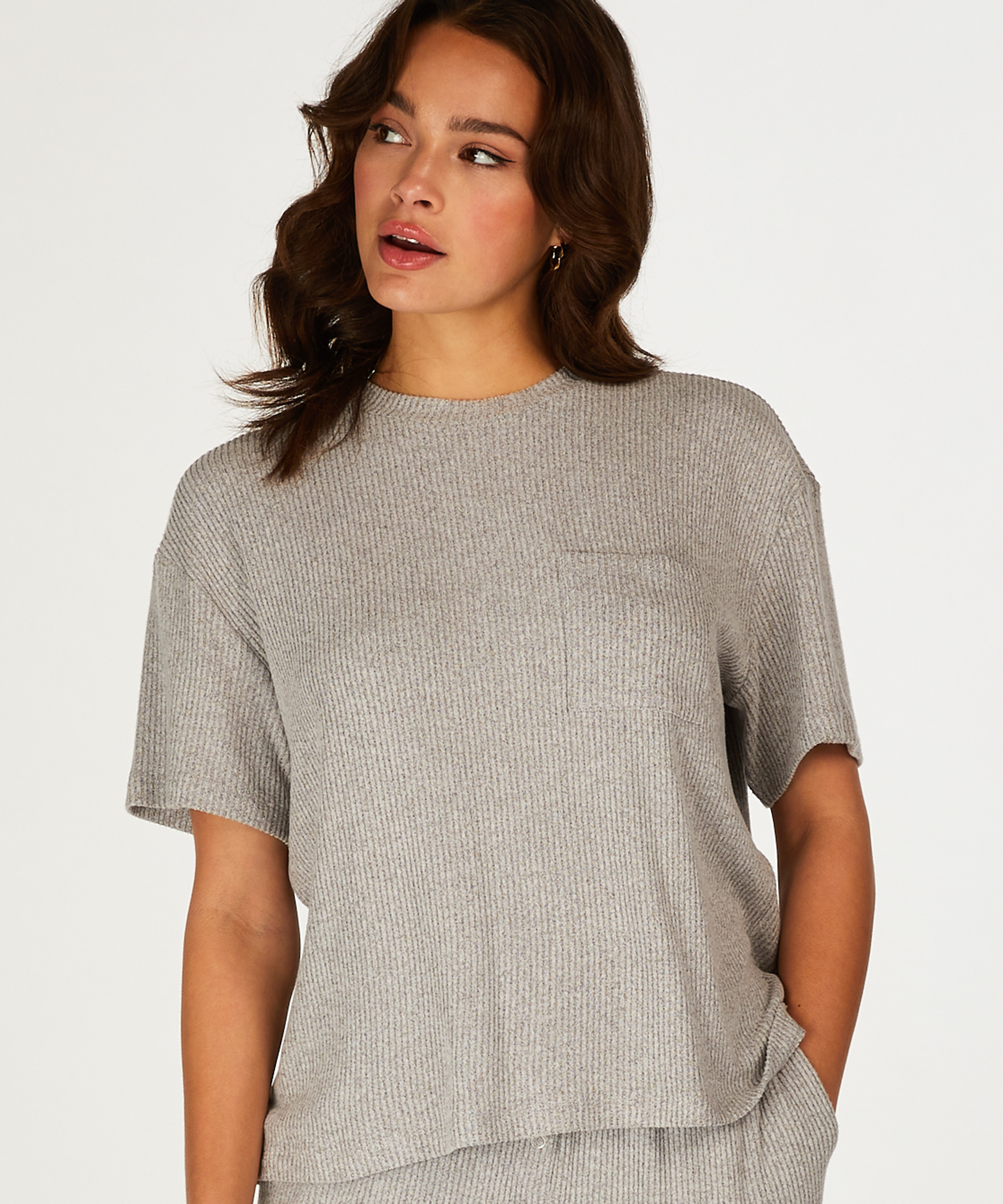 Geripptes Kurzarm-Top, Grau, main