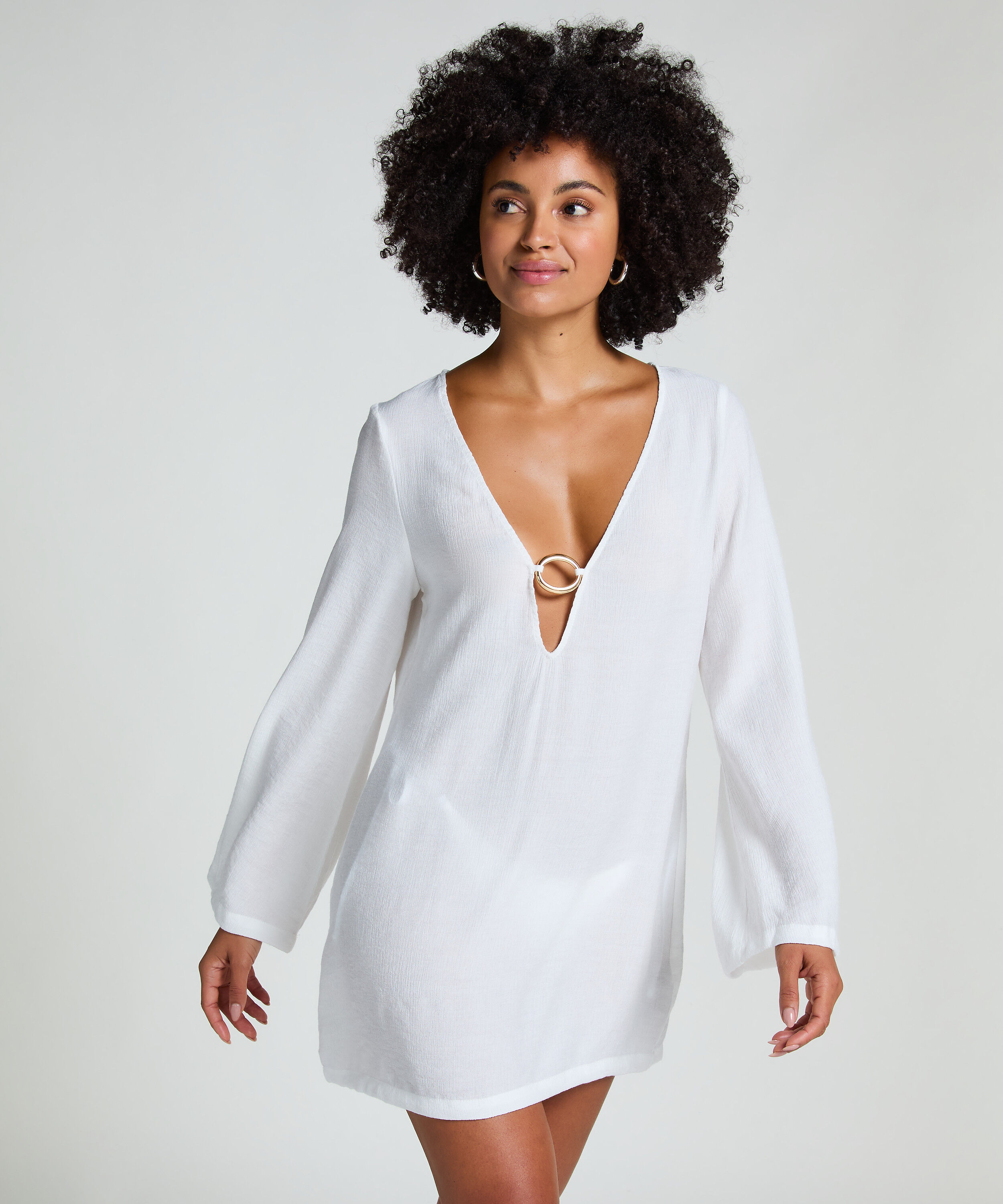 Robe de plage &agrave; manches longues et anneaux, Blanc