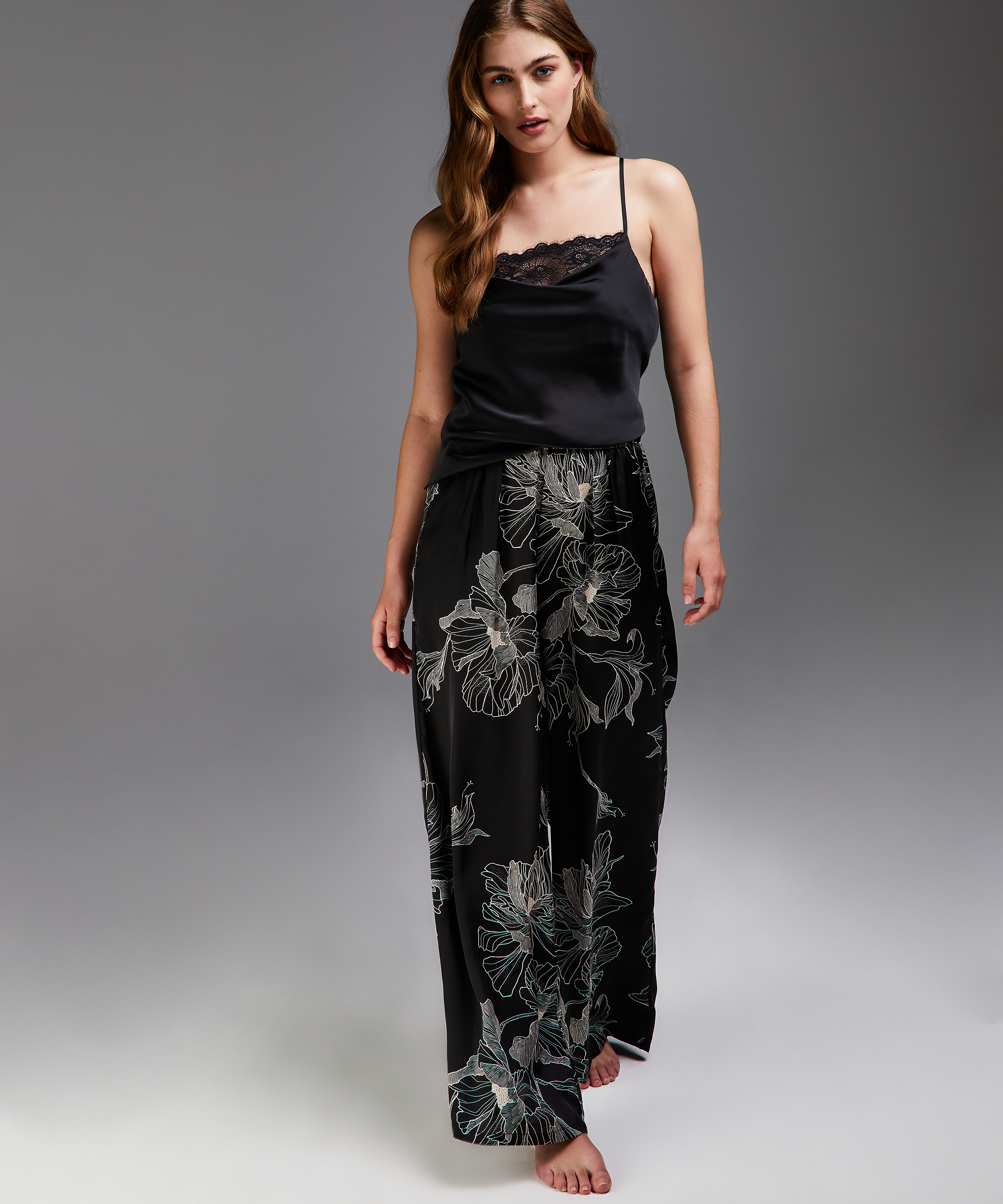 Pantalon Palazzo satin Lotus, Noir, main