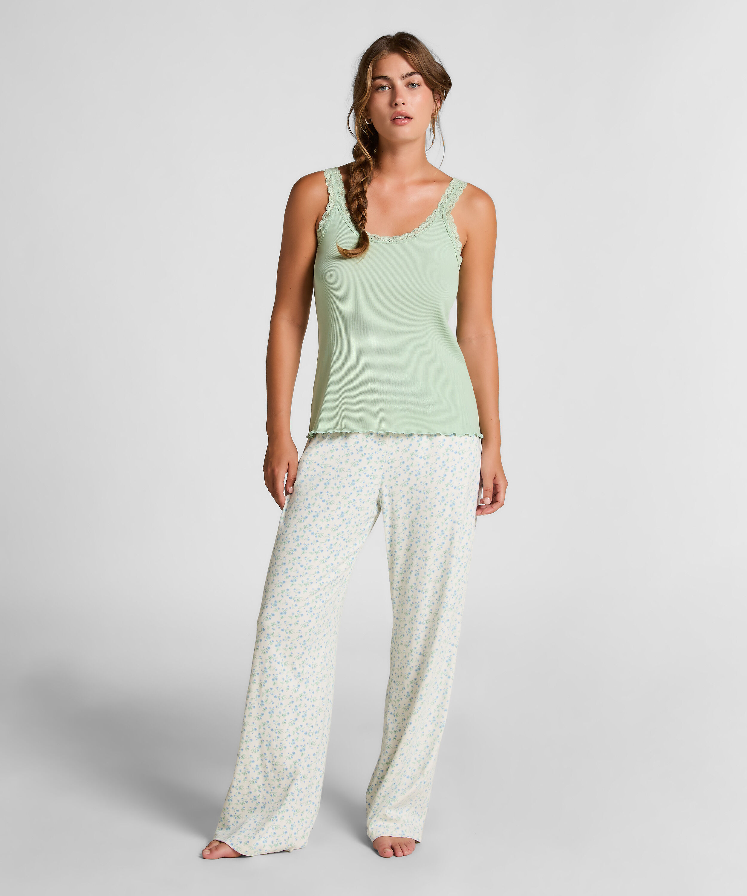 Débardeur en Jersey Côtelé avec Dentelle, Vert Débardeur en Jersey Côtelé avec Dentelle, Vert