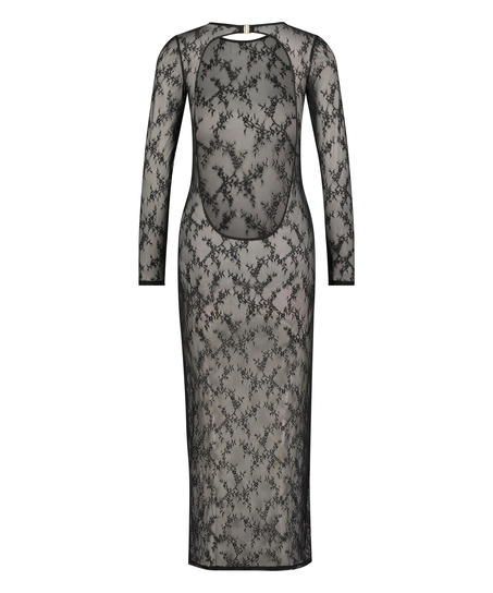 Langärmeliges Bodycon-Slipkleid aus Spitze, Schwarz