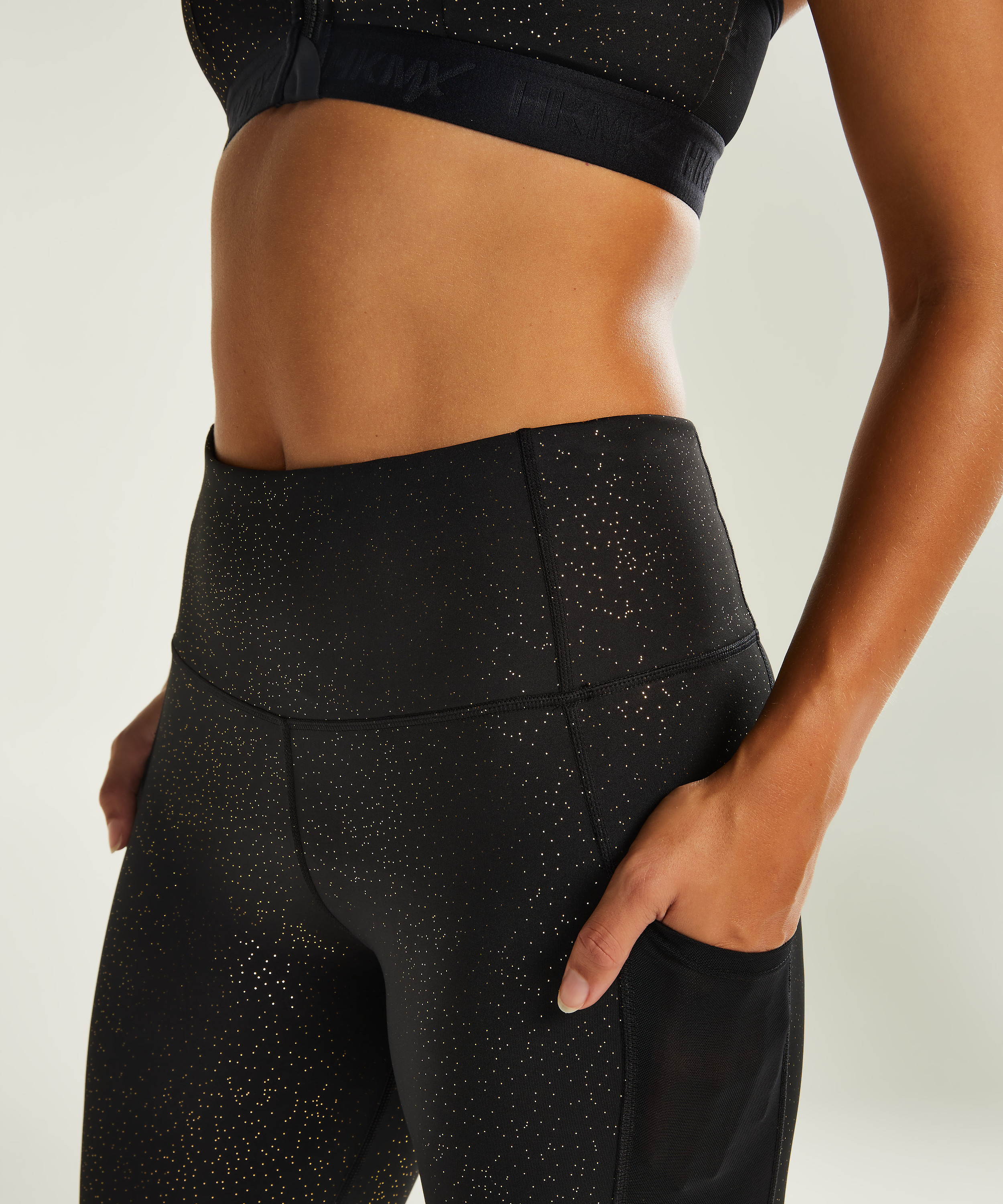 ﻿Legging de sport HKMX Taille haute à Paillettes Dorées, Noir, main