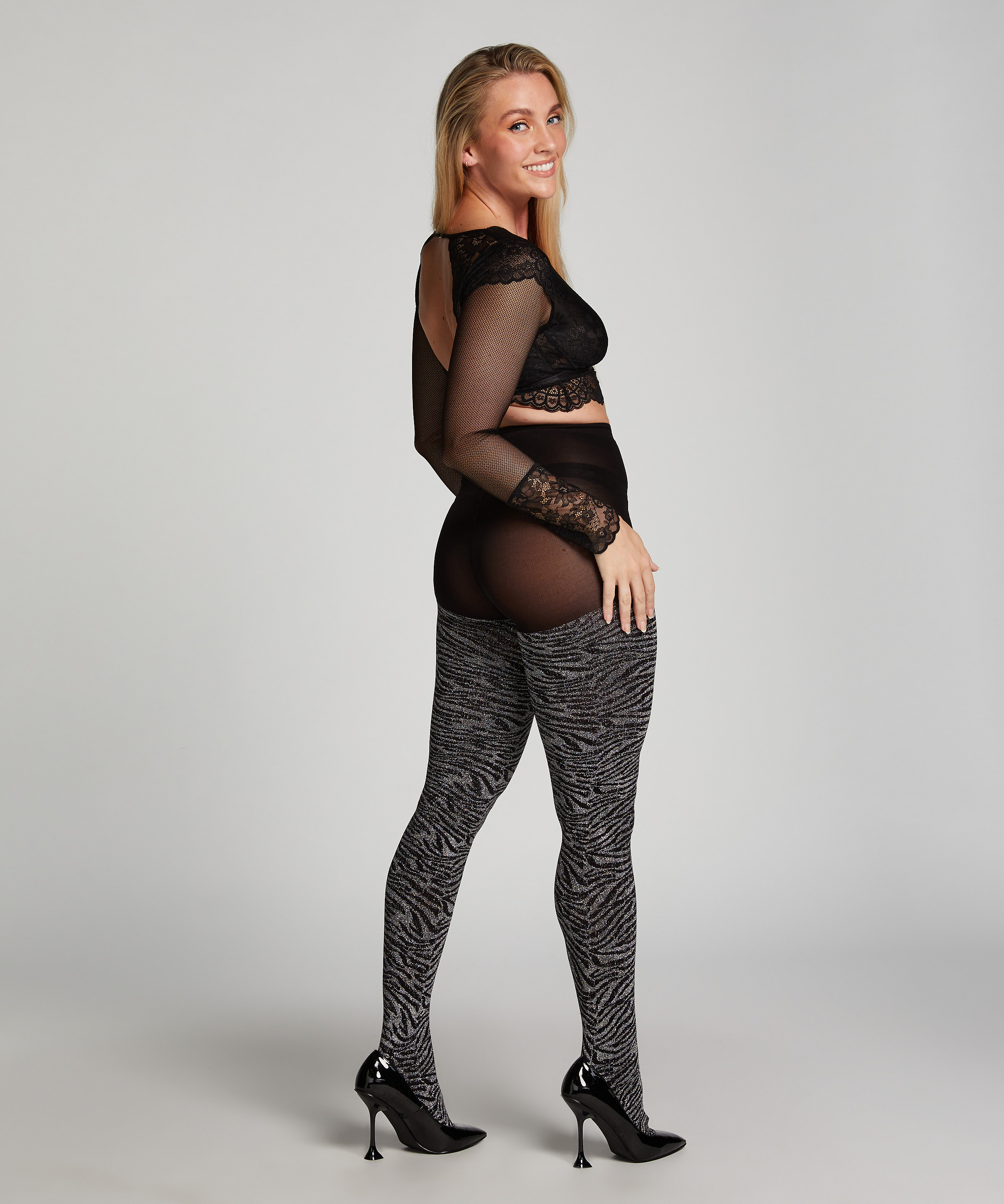 Collants 50 Deniers en lurex Zèbre, Noir, main
