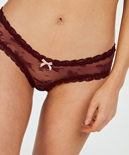 Slip brésilien V-shape Floral Mesh, Rouge