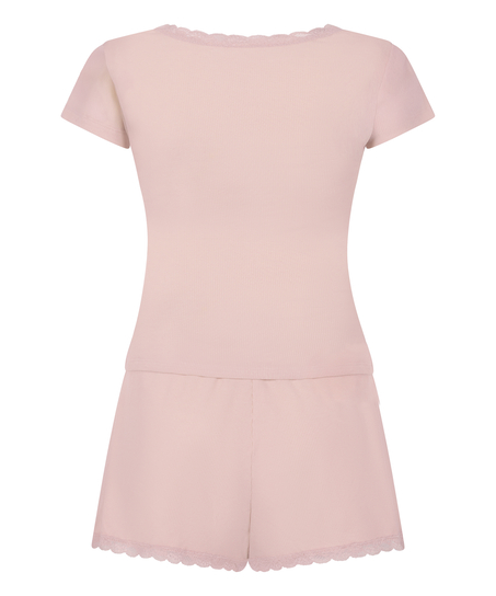 Geripptes Pyjamaset mit Spitze, Rose